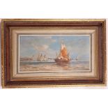 An oil painting view, an extensive Venetian scene with sailboats, 19 x 39cm.