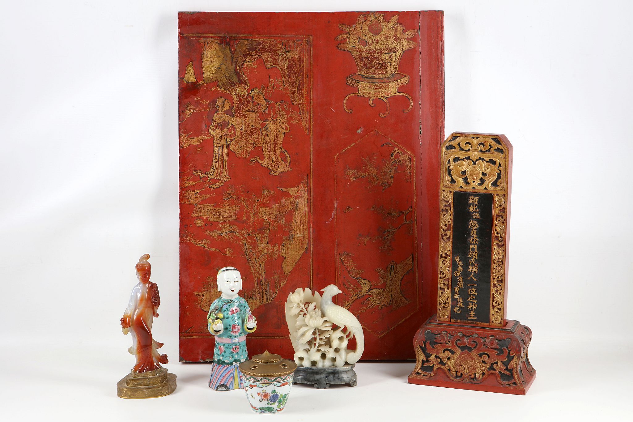A collection of Chinese items to include a 19th Century porcelain figure of a boy with fruit, a
