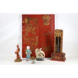 A collection of Chinese items to include a 19th Century porcelain figure of a boy with fruit, a