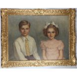 20th Century, portrait of two children, oil on canvas, signed to lower right, swept gilt frame, 66 x