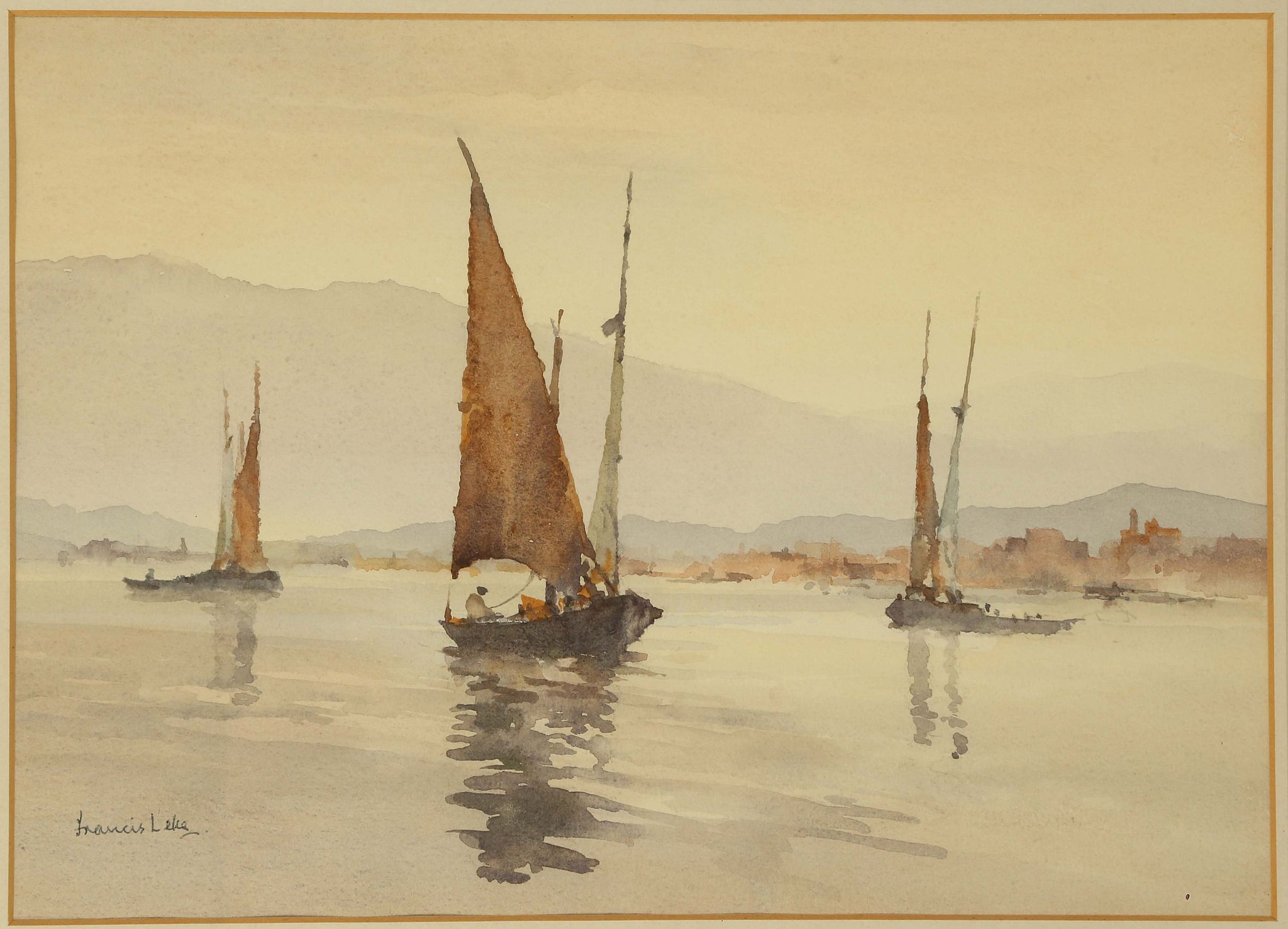 Francis Leke b.1912. 'Coastal View'. Watercolour marine composition with small red sail boats off - Image 2 of 4
