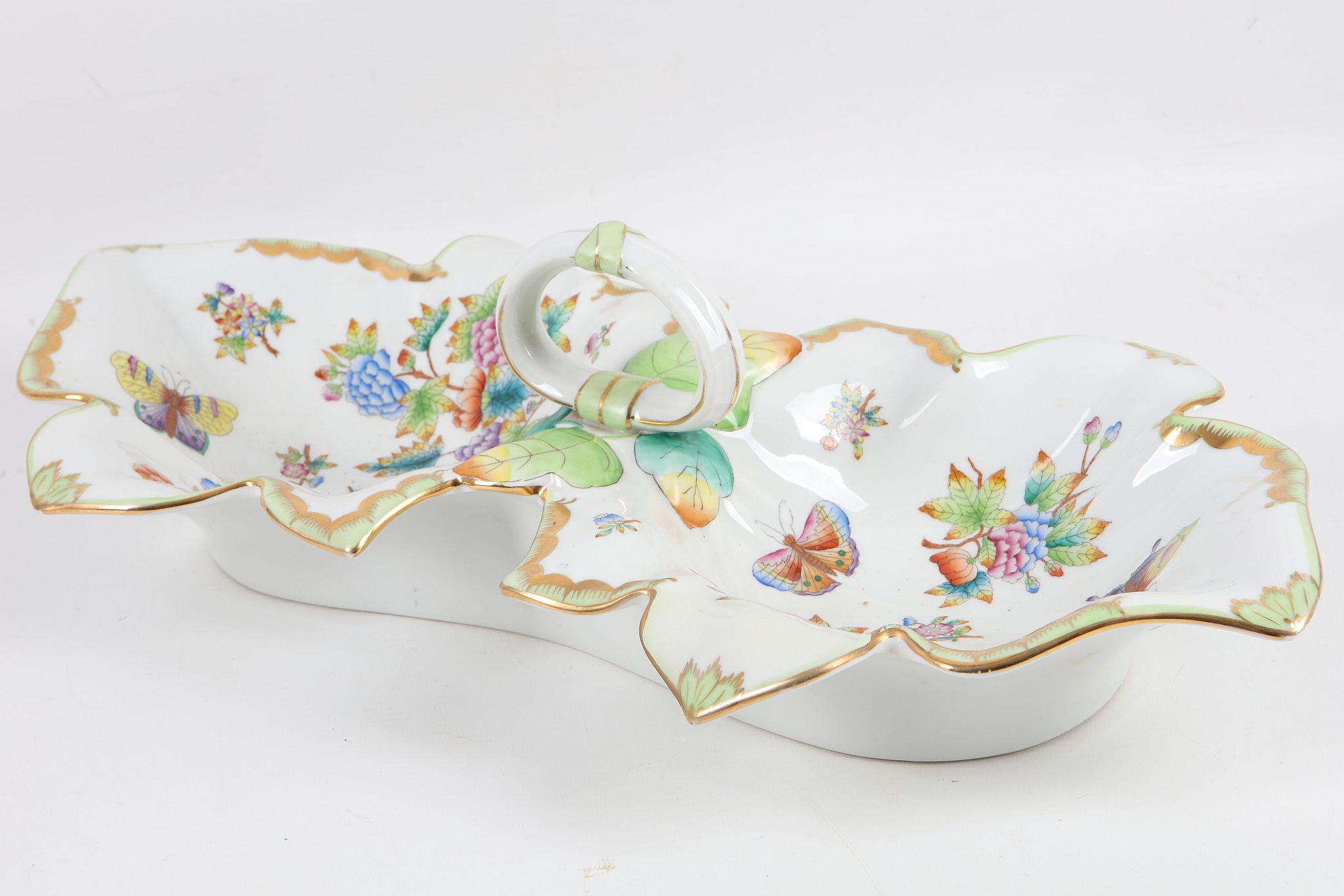 A Herend twin serving dish with central handle, painted with flowers and butterflies