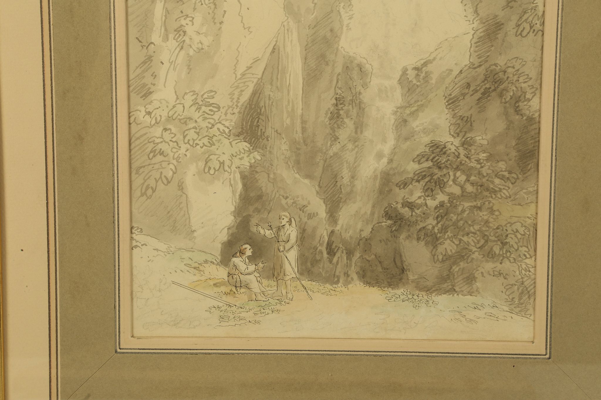 Anthony Devis 1729-1817. 'Waterfall with two Monks'. Watercolour, pen and grey ink wash. Label verso - Image 2 of 4
