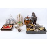 A mixed lot to include a bag of beads, a birdcage music box, a horse themed ice bucket, silver