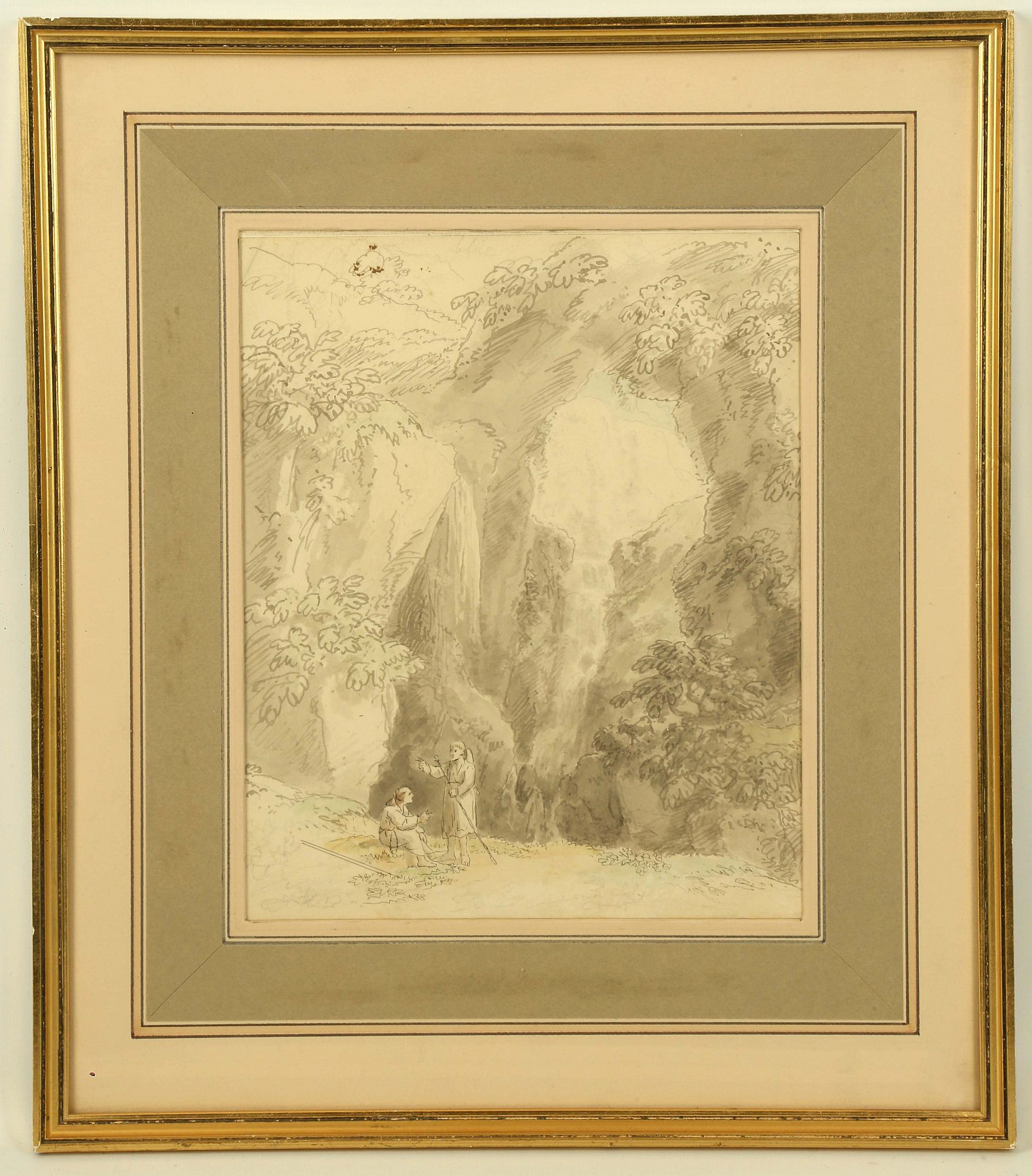 Anthony Devis 1729-1817. 'Waterfall with two Monks'. Watercolour, pen and grey ink wash. Label verso