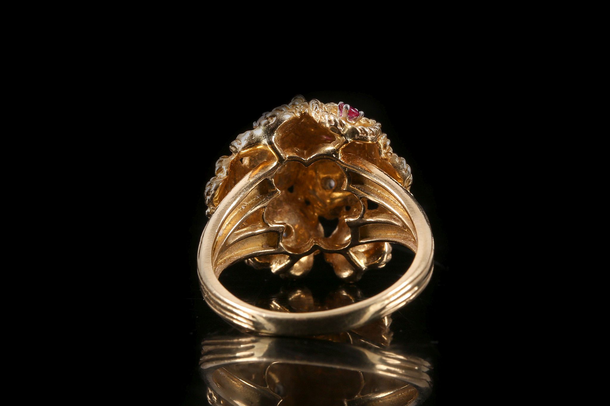A yellow gold, diamond and ruby dress ring c.1960, designed as a multi flower cluster, each flower - Image 2 of 2