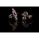 An antique cushion cut diamond and diamond swirl design dress ring (A/F), and an antique rose-but