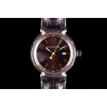 GENTS LOUIS VUITTON. A gents stainless steel cased 'Louis Vuitton - Tambour' wristwatch, black/brown