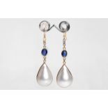 A pair of mabè pearl, sapphire and diamond pendent earrings Each pear-shaped mabè pearl,