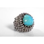A  turquoise and diamond demi parure, circa 1960 The brooch of tripple flowerhead cluster design set
