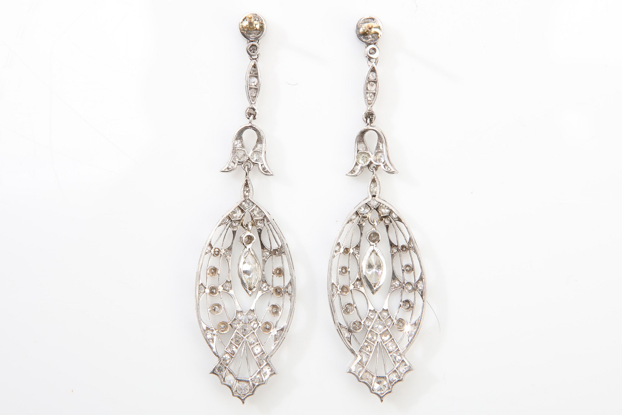 A pair of diamond pendent earrings Of pierced design, set throughout with single-cut diamonds, - Image 2 of 2