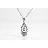 A diamond pendant necklace The openwork drop, set with cushion-shaped, brilliant and single-cut