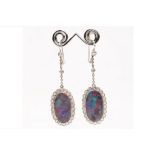 A pair of opal doublet and diamond earrings Each oval opal doublet, within a single-cut diamond