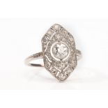 A diamond plaque ring The central collet-set old brilliant-cut diamond, within a pierced plaque
