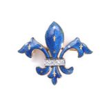 An enamel fleur-de-lys brooch Set with deep blue guillochè enamel with a brilliant-cut diamond