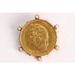 A coin brooch The 40 franc coin, dated 1834 for Louis Philippe I, the collet-setting accented by