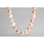 A cultured pearl necklace with diamond clasp The single-strand of 13.3-14.4mm cultured pearls of
