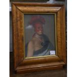 An oil painting portrait of a native warrior, in bird's eye maple frame, 23 x 18cm.