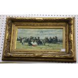 After Boudin. A panoramic decorative oil on panel, beach party. In a giltwood frame.