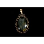 A 9ct yellow gold and iridescent hardstone pendant (2).