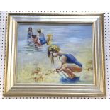 An oil painting portrait of children at the seaside at beach play, studio framed, 47 x 57cm.