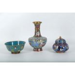 A 20th Century Chinese cloisonné vase, enamelled with cranes, pedestal bowl and jar with cover,