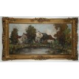 A 20th Century British school, oil on canvas, study of village and pond,swept gilt frame, picture