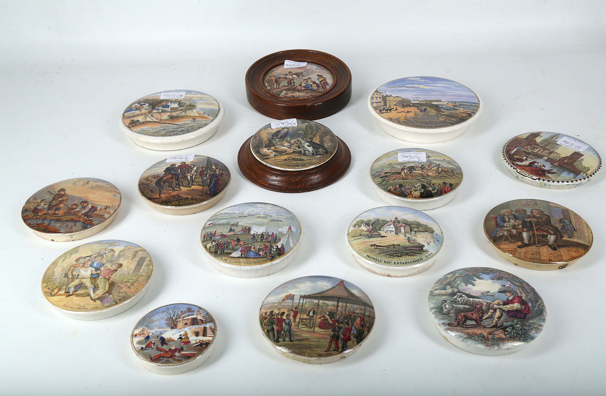 A collection of 19th Century pot lids in various sizes (2 framed), with various scenes, 15 in all.