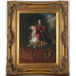 A decorative oil on panel, Moghul Warrior on horseback in the landscape. Indistinctly signed lower