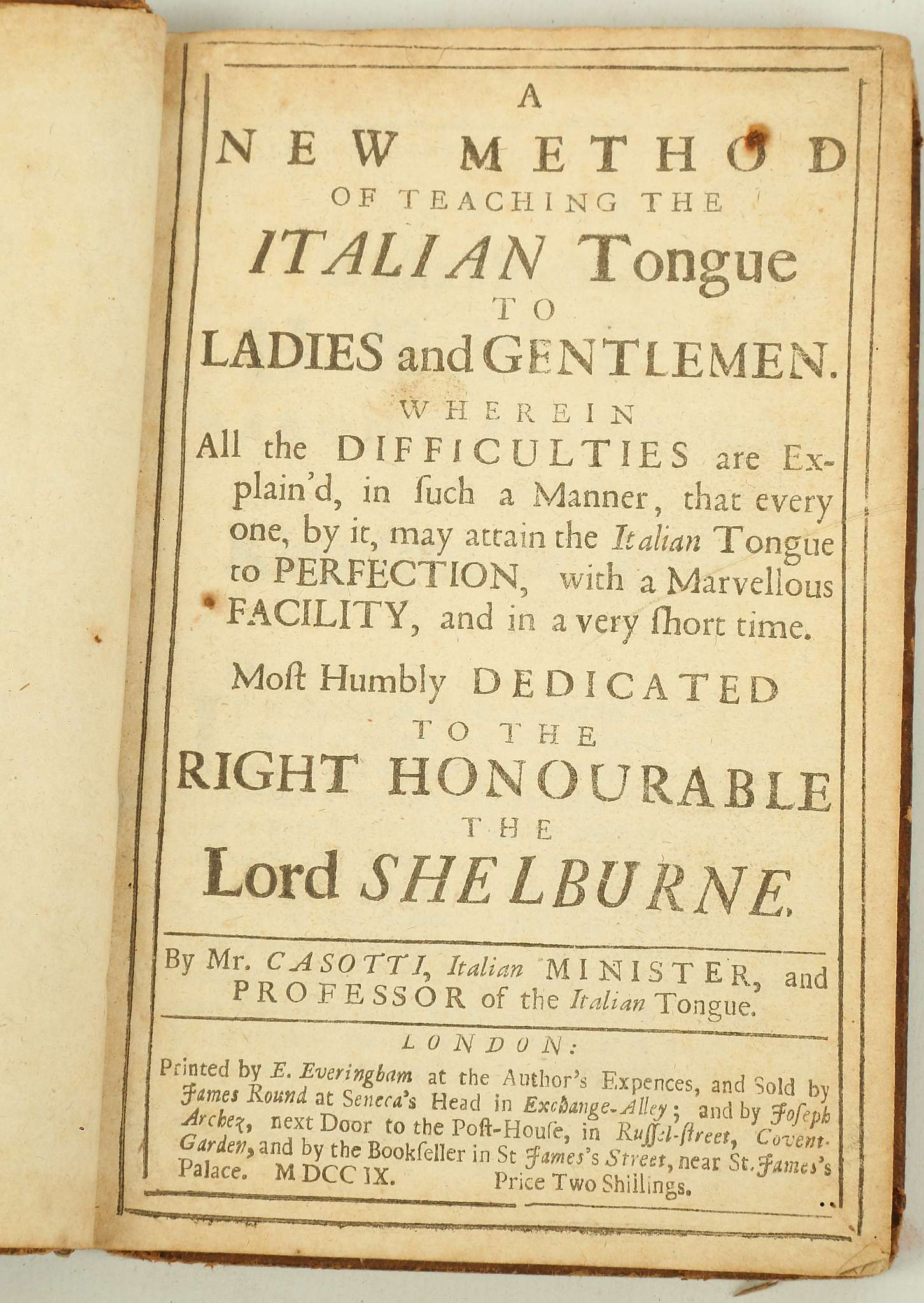 CASOTTI, Laurentio, A New Method of Teaching the Italian Tongue to Ladies and Gentlemen. London: - Image 5 of 9