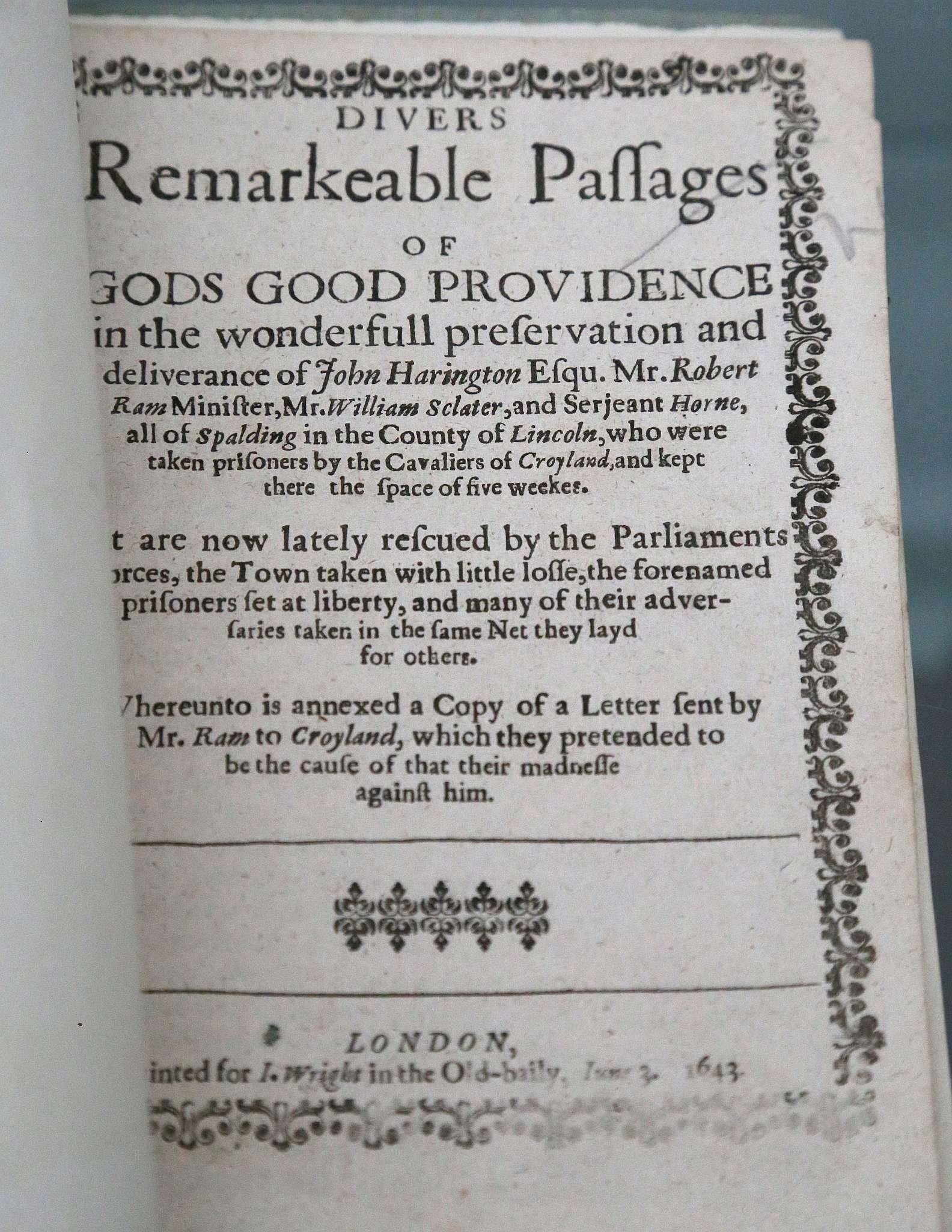 HARRINGTON, John. Divers Remarkeable Passages of Gods Good Providence in the wonderful - Image 2 of 2