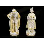 A pair of late 19th Century Continental porcelain figures, wearing yellow costumes, titled 'Tea