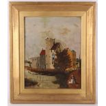 19th Century primitive English school. Oil on board, view of Canonbury Tower, Islington, framed,
