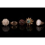 A collection of dress rings. A 9 carat yellow gold signet ring, a cultured pearl bombé ring, a cameo