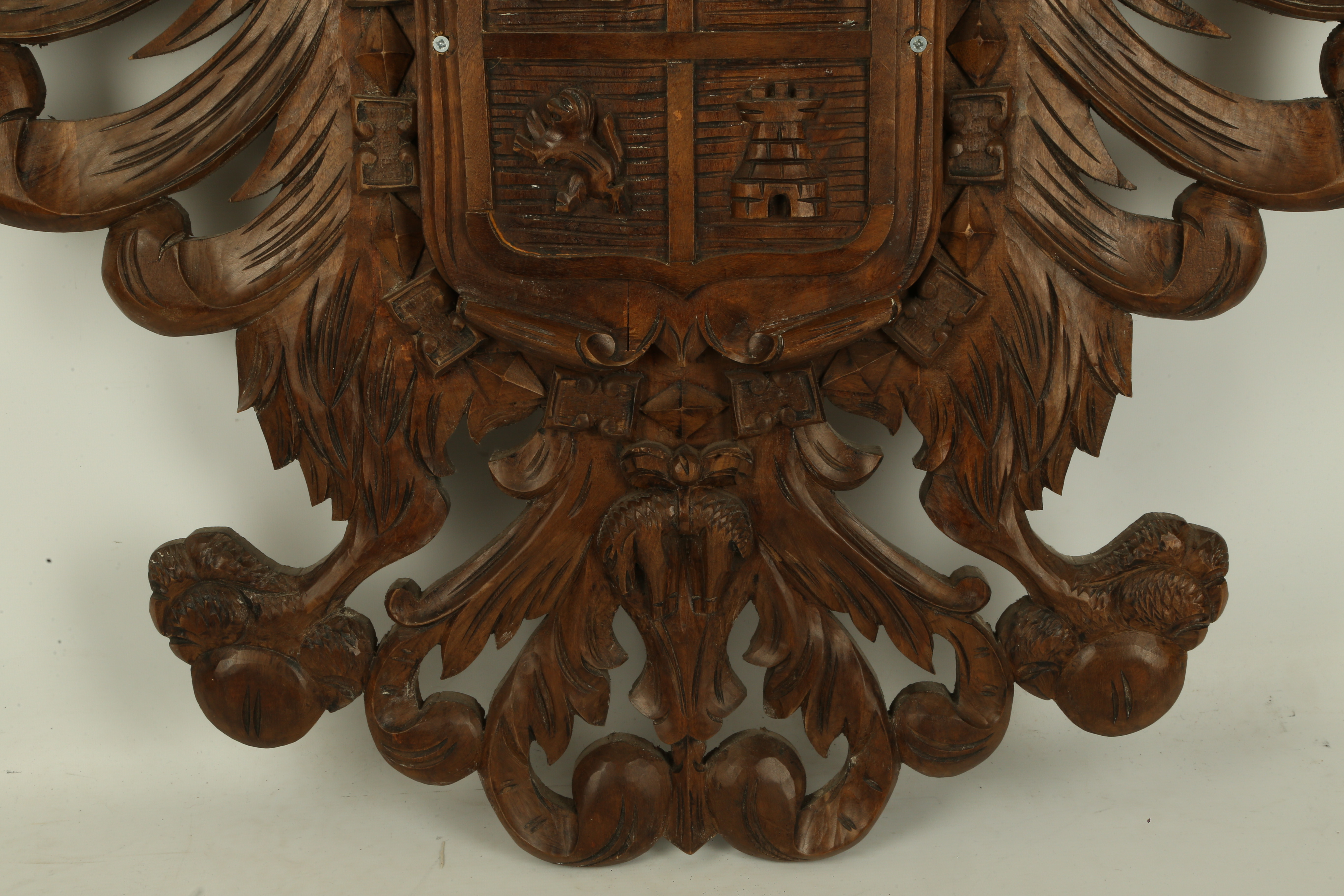 A 19th Century carved armorial chest, a double headed crowned eagle holds a carved shield with two - Image 4 of 5