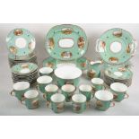 A Victorian bone china set of tea ware, pale blue ground having oval vignette views.