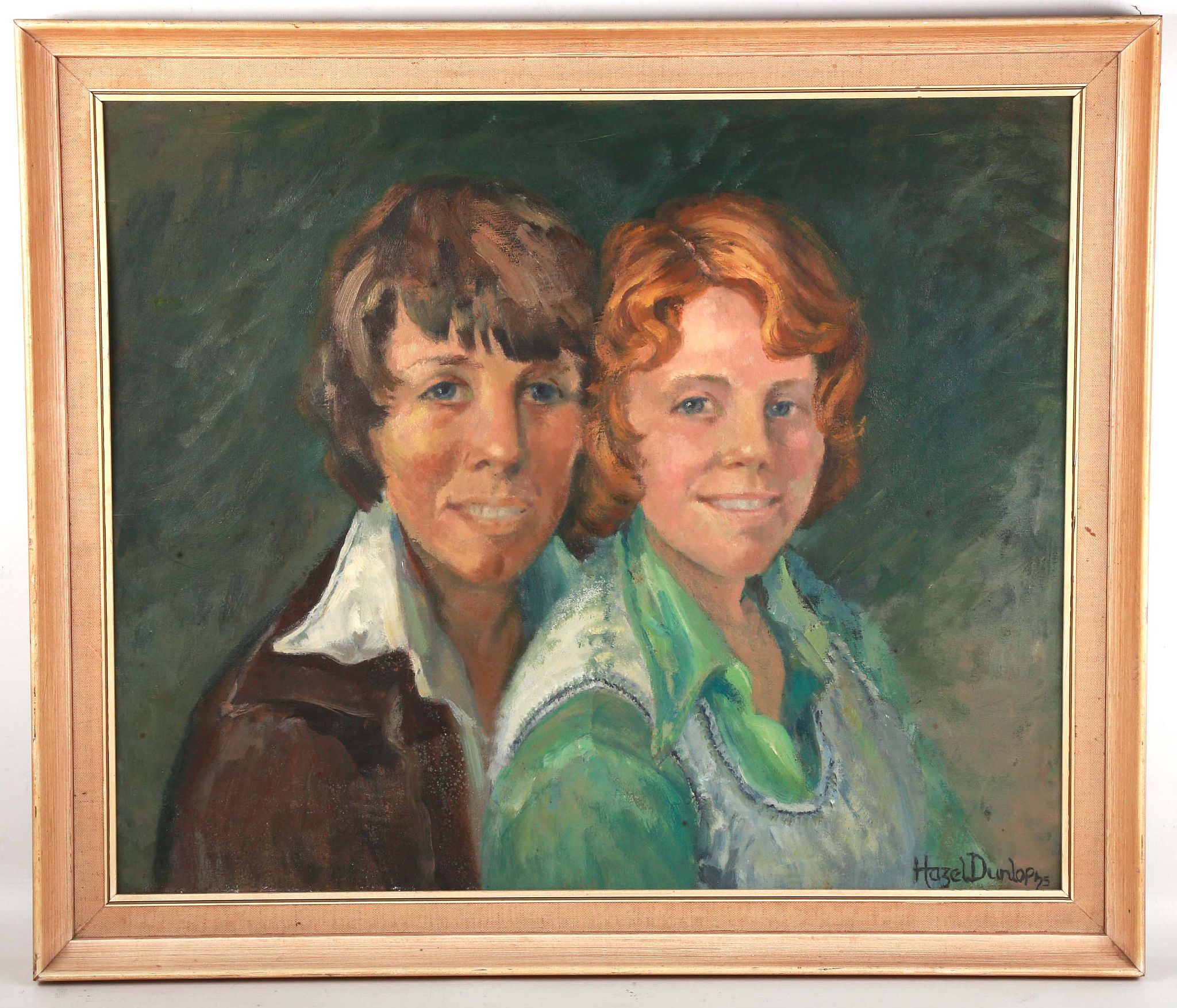Hazel Dunlop, 20th Century British. 'A Family Portrait'. Oil on canvas board. Signed lower right and