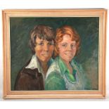 Hazel Dunlop, 20th Century British. 'A Family Portrait'. Oil on canvas board. Signed lower right and