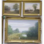 Rob Brown, 20th Century British. A trio of oil on canvas landscapes. Incorporating a matching