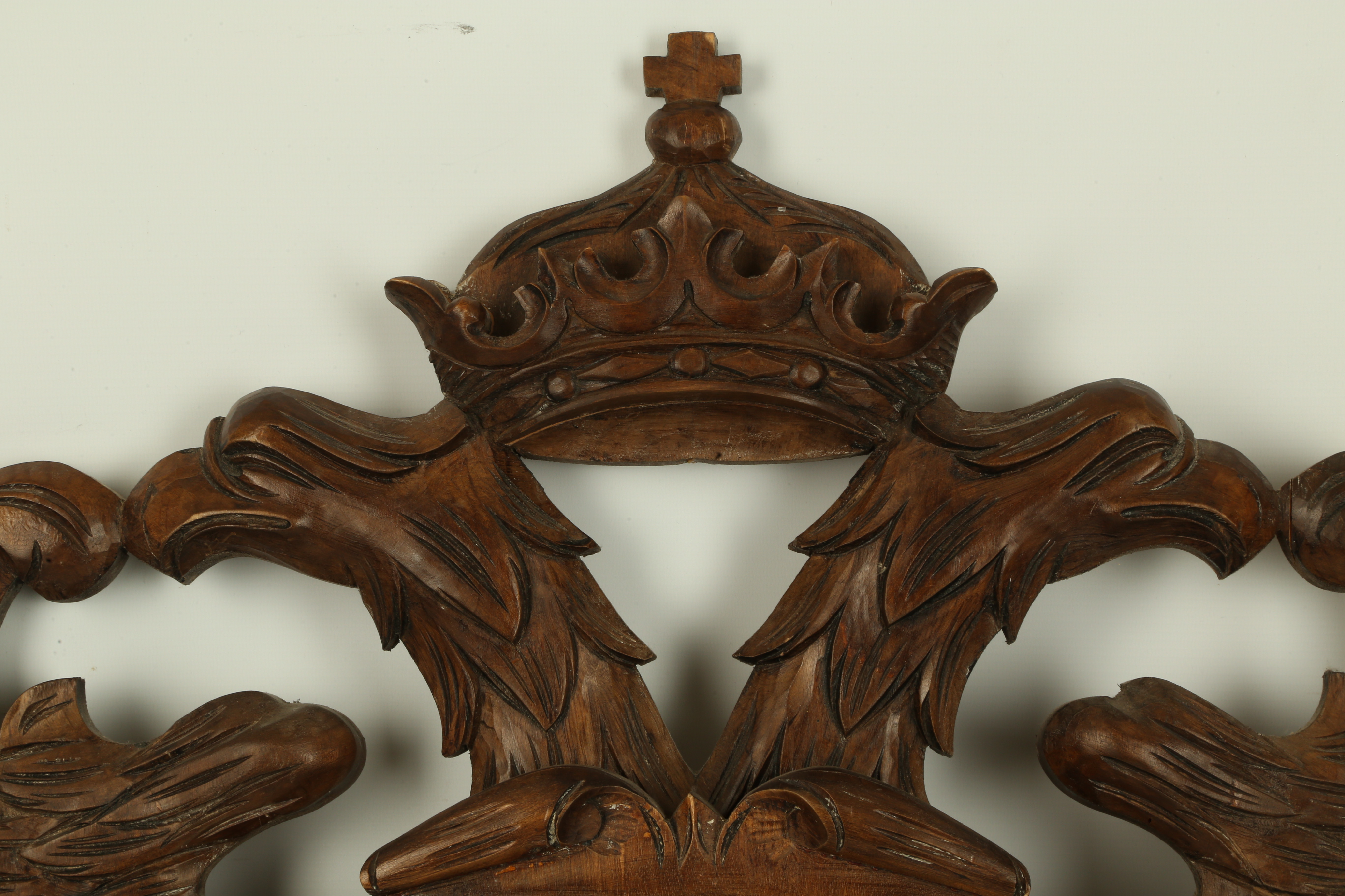 A 19th Century carved armorial chest, a double headed crowned eagle holds a carved shield with two - Image 3 of 5