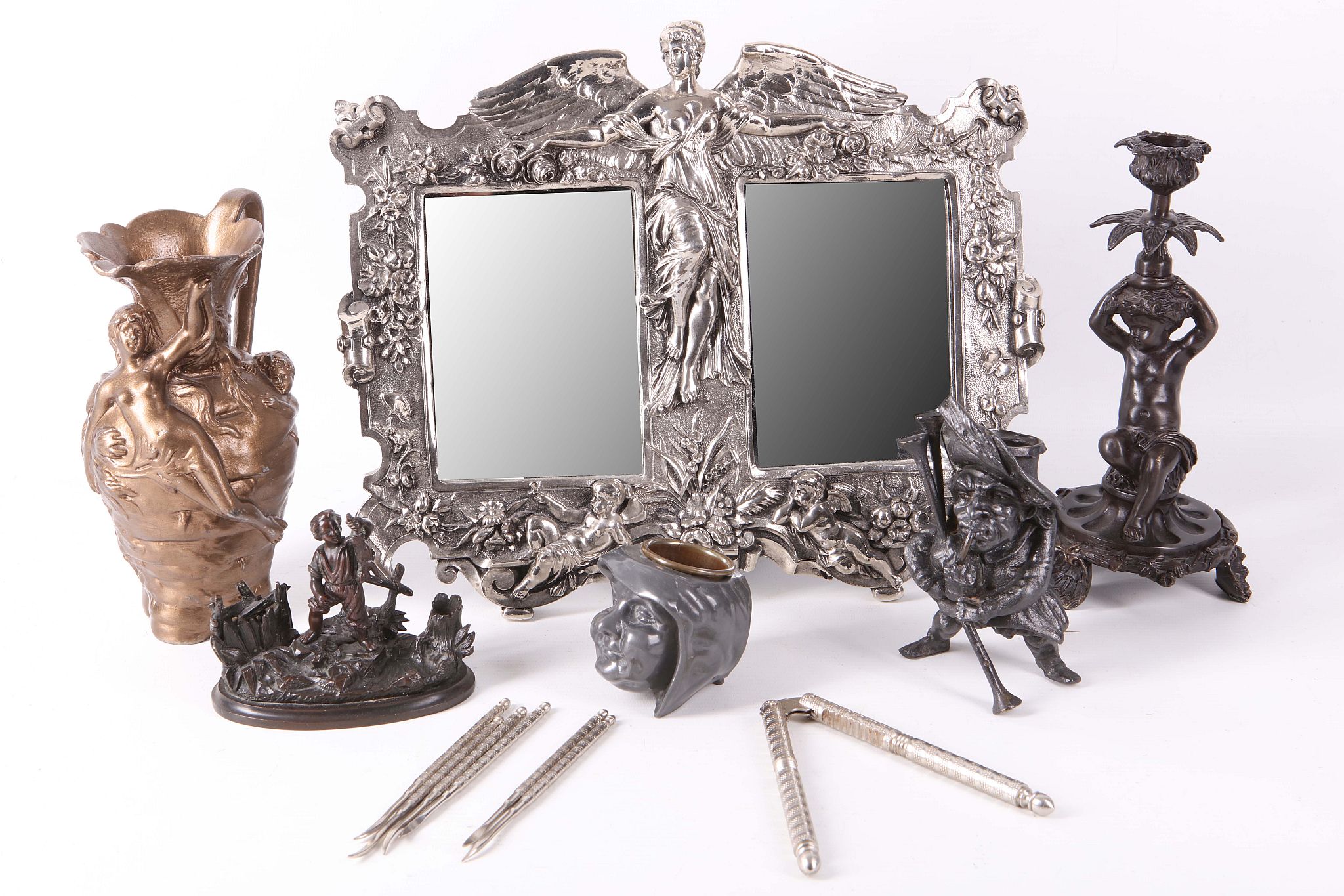 A collectors lot of European bronze pewter and other metals items, to include a silver plated double