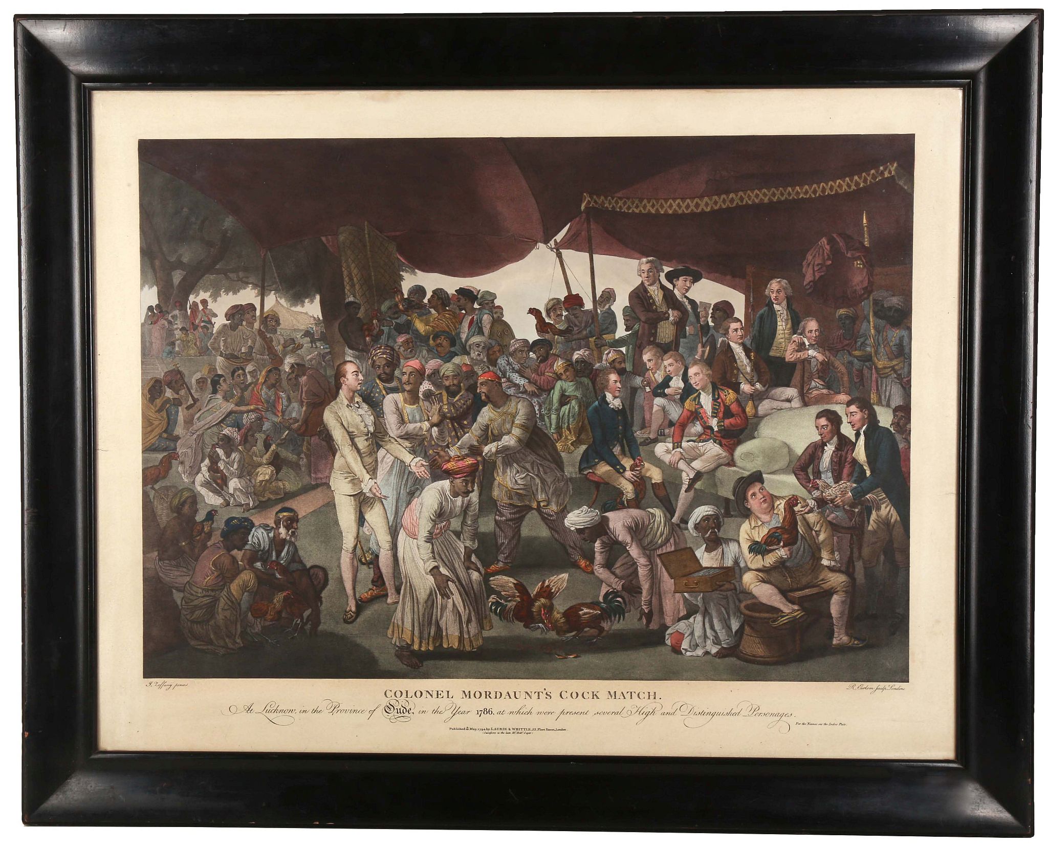 After John Zoffany R.A. 1733-1810. 'Colonel Mordaunt's Cock Match'. A hand tinted engraving,