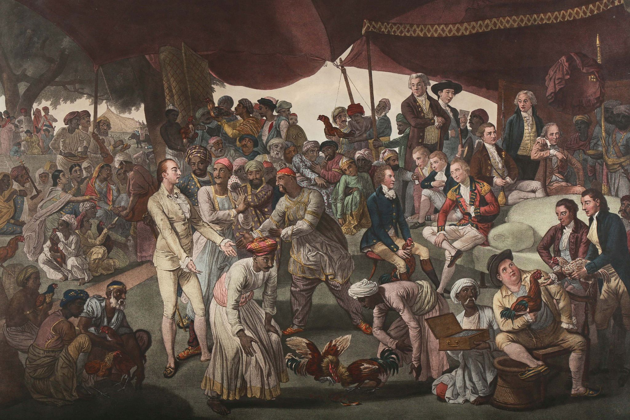 After John Zoffany R.A. 1733-1810. 'Colonel Mordaunt's Cock Match'. A hand tinted engraving, - Image 4 of 12