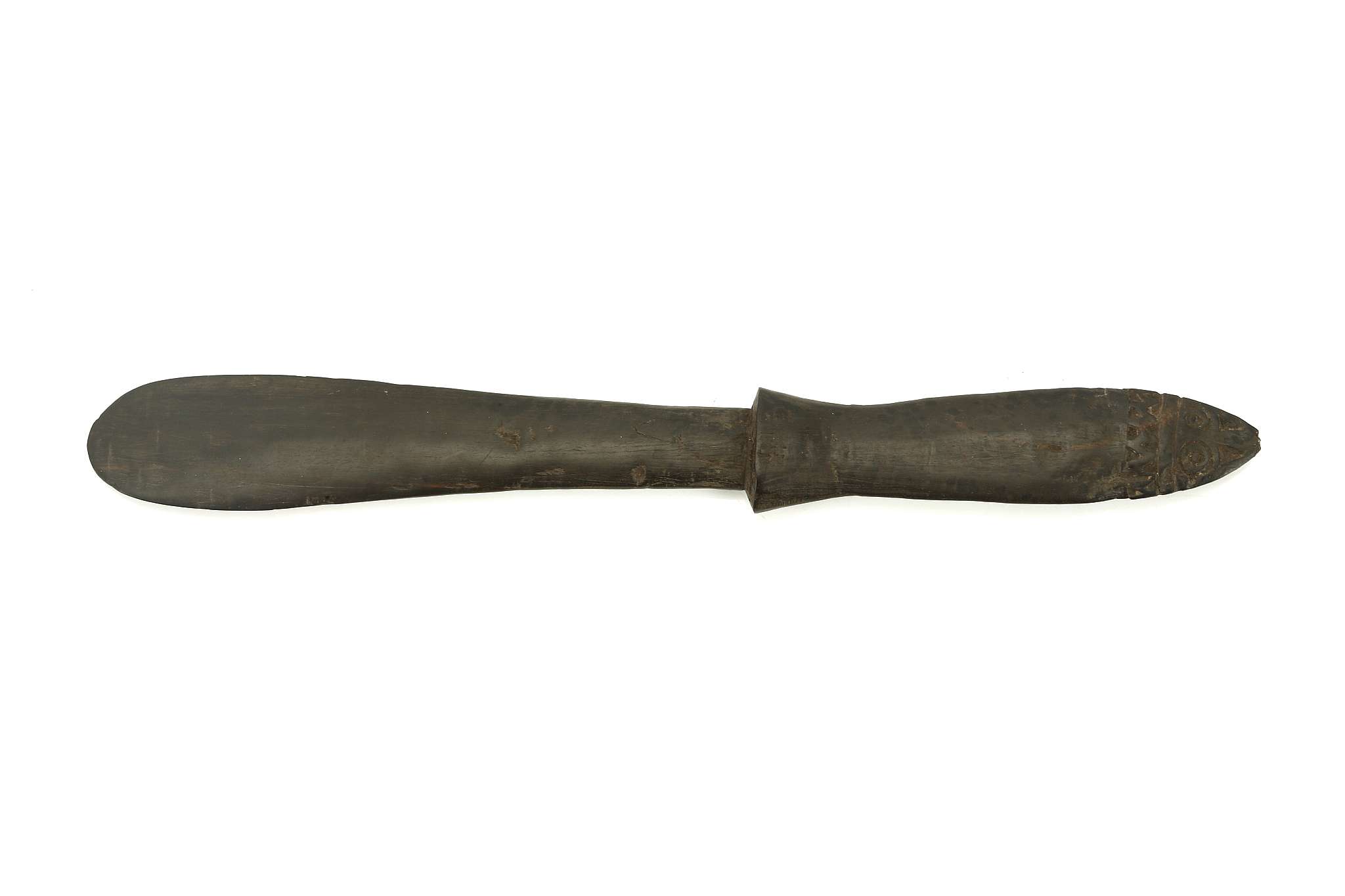 A WOODEN LIME SPATULA, PAPUA NEW GUINEA Carved with a band of zig-zag design, concentric circles and