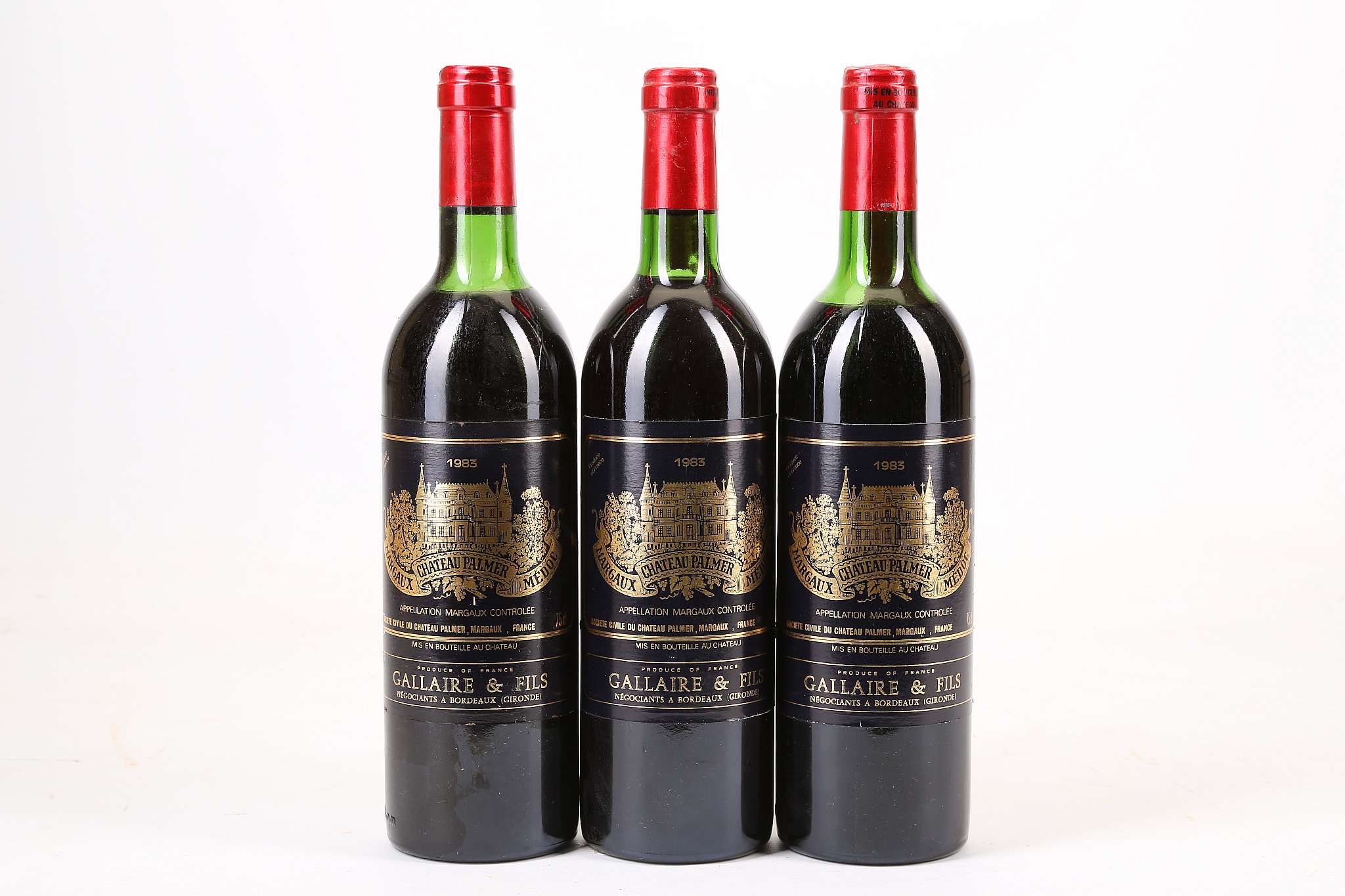 Three 1983 Chateau Palmer, Margaux, two good fill levels, one marginally lower, 75cm (ABV