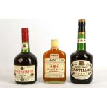 A 1980s Castillon 3 Star Cognac by Drapean, 70 proof (24 fl ozs), and a 1980s 3 star Corvoisier,