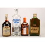 A Yates Original Australian Liquer Wine, 70cl (17.5% ABV), a litre bottle of Absolut Vodka, 1