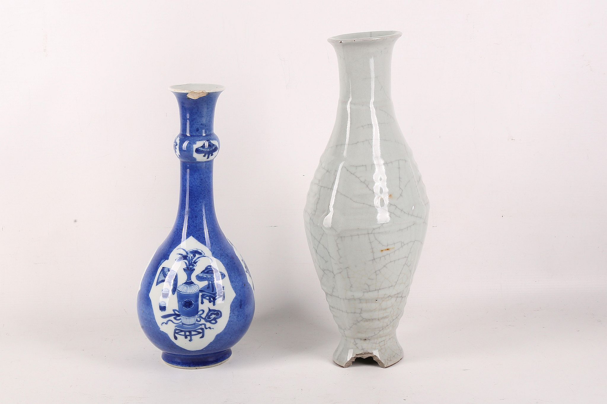 A powder blue vase with panels depicting treasures; together with a Ge style vase with Qianlong
