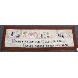 An early 20th Century Swedish embroidered panel with images and text 'Höghet kyler och guld gor