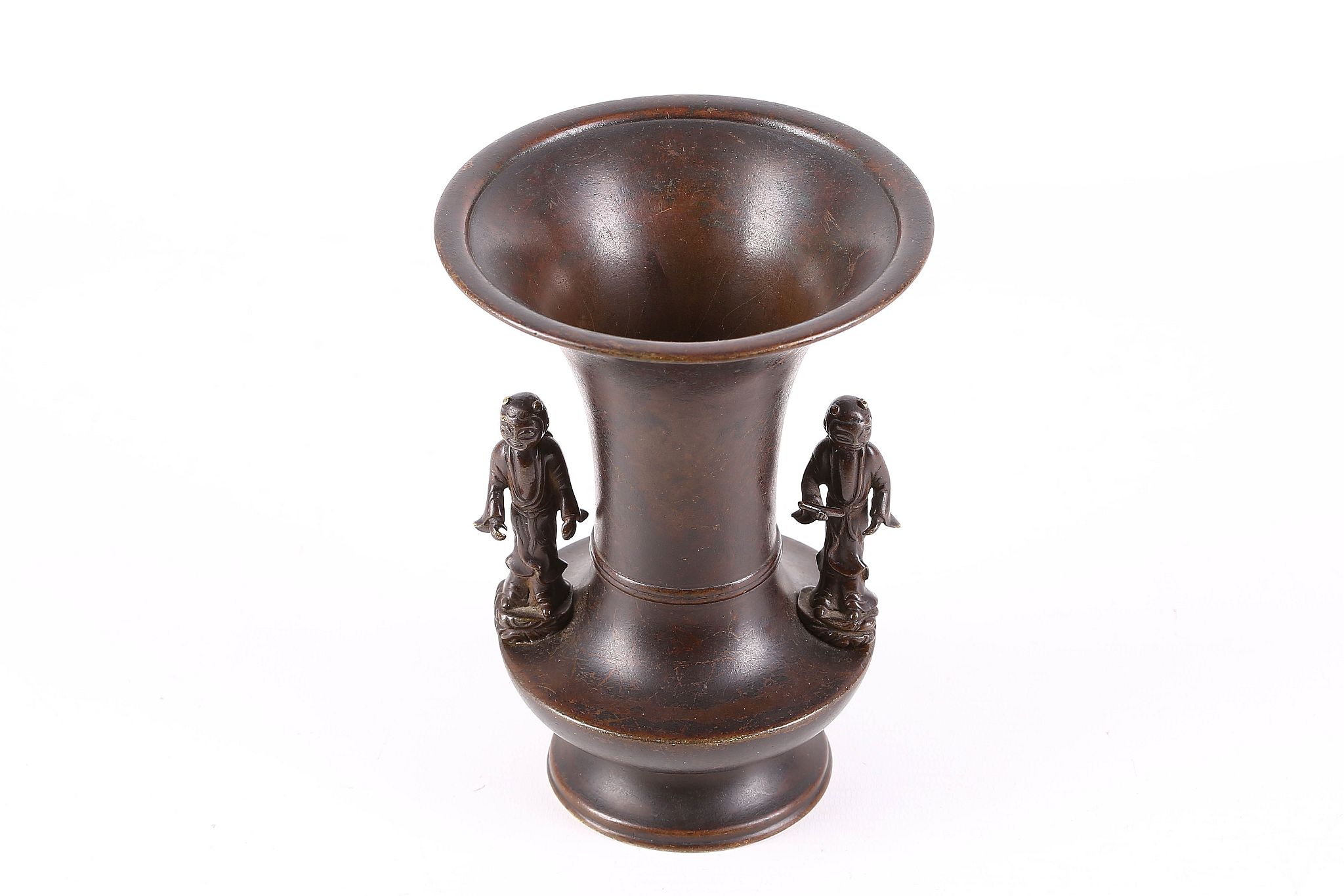 A 19th Century Meiji bronze flower vase, having figures as handles to either sides, 16.5cm high. - Image 3 of 4